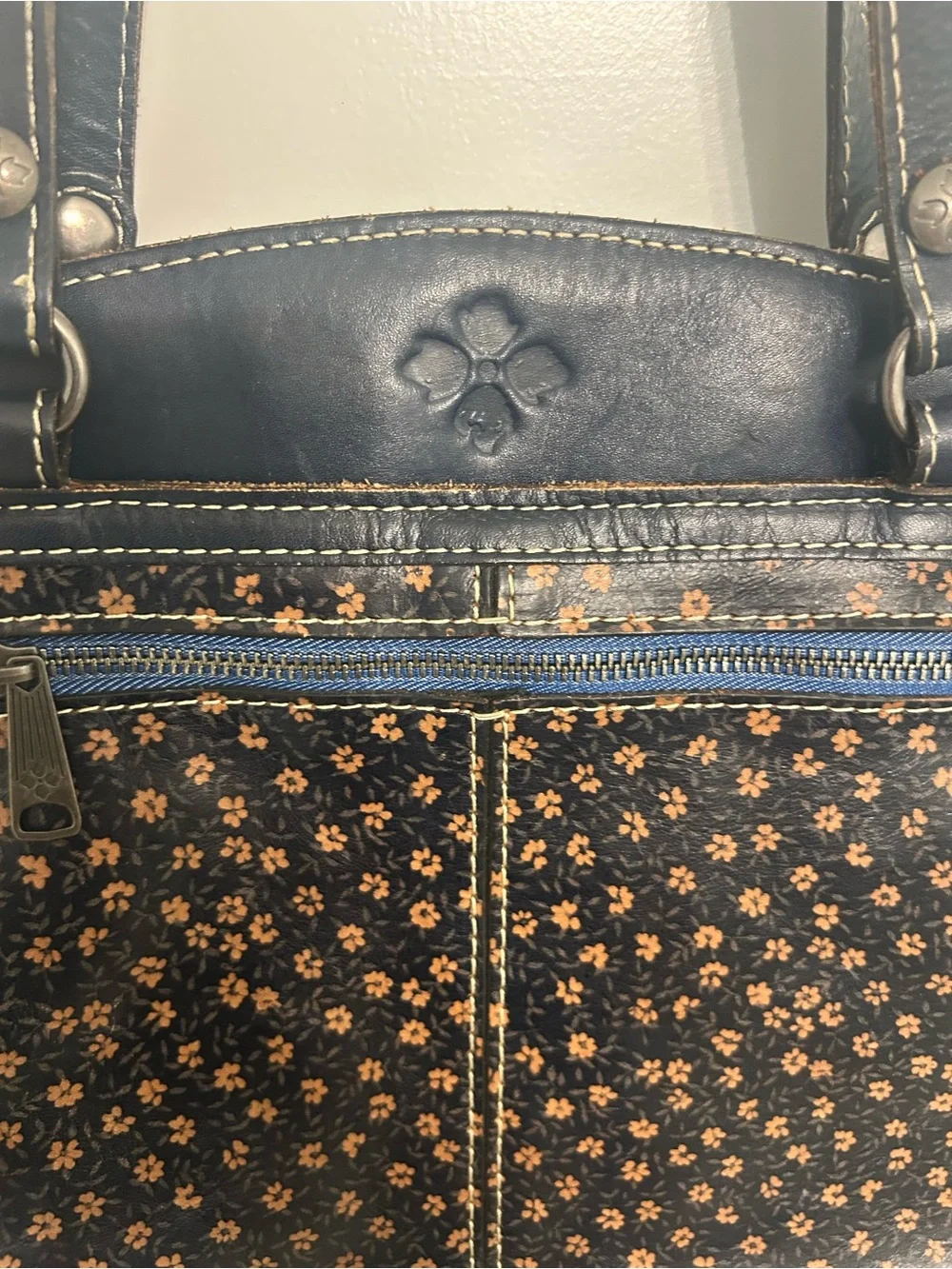 Patricia Nash Dark Navy 100% Full Grain Leather shoulder bag Floral Design